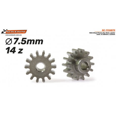 Pinhão de 14 dentes. Aço para veio de 2 mm. ø7,50 m x 2,5 mm