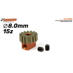 Pinhão removível de 15 dentes. Rosca M50 ø8,0mm em Ergal para veio de 2mm com fixação por parafuso M2mm.