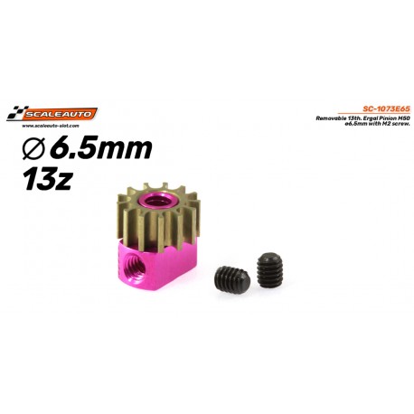 Pinhão removível de 13 dentes. Rosca M50 ø6,5mm em Ergal para eixo de 2mm com fixação por parafuso M2,5mm.