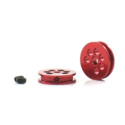 Aluminum friction pulley 10mm diam. for 3/32" axle and M2 screw fixing. Red